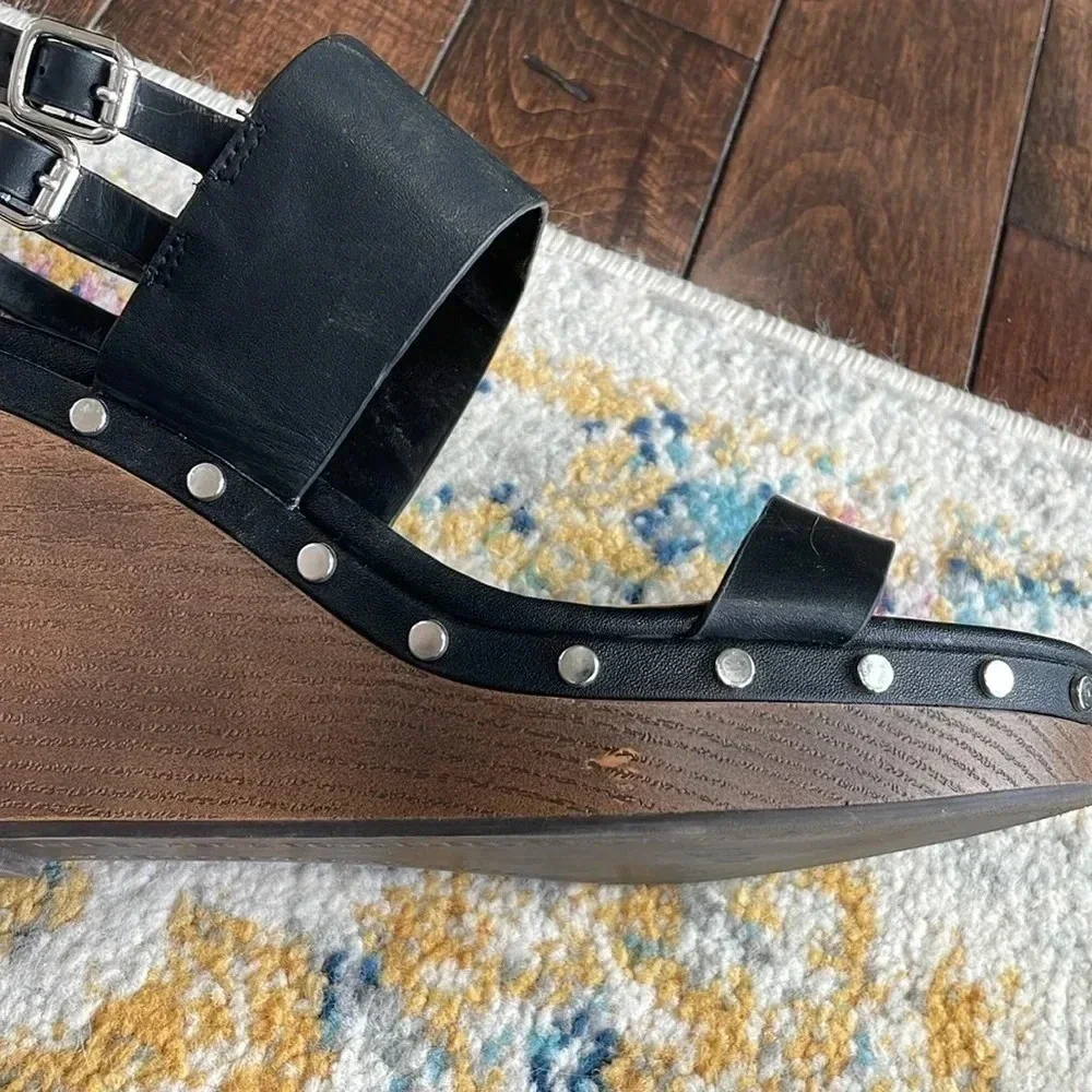 Bleecker and Bond Sandra  Leather Wedge Black Studded Platform Sandals  Size 10